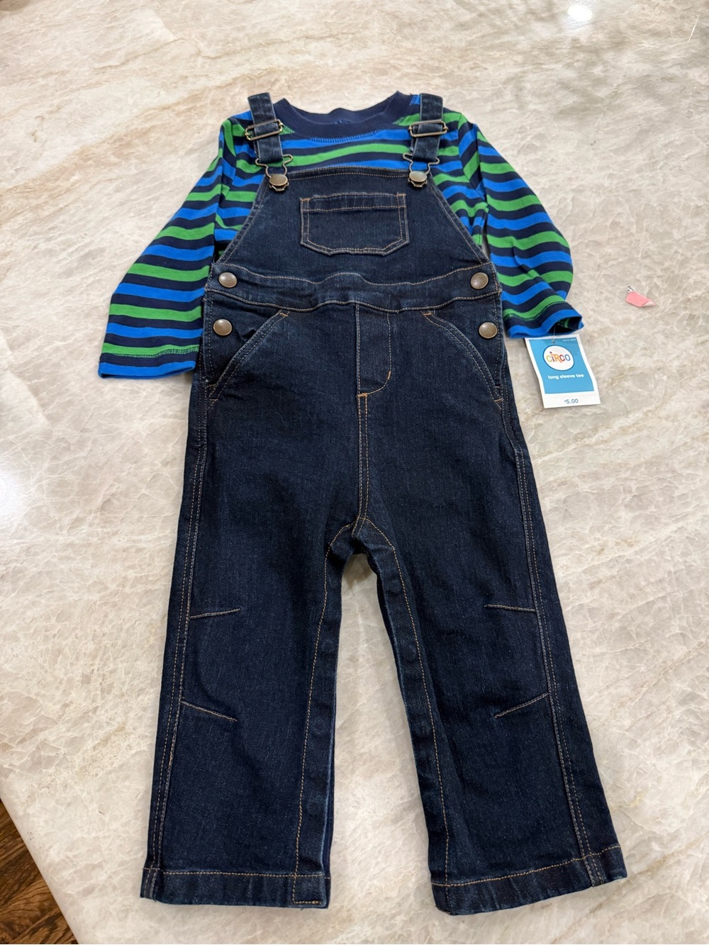 Boys Hanna Andersson Blue Jean Denim Overalls Set Striped Shirt 2T